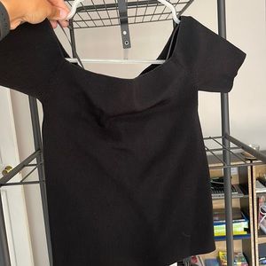 Scripted deep round neck black fitted blouse